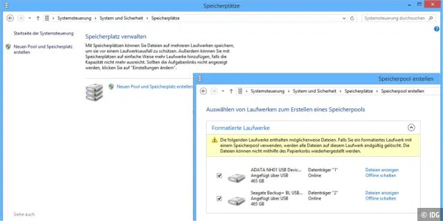 Windows 8 hat mit „Speicherplätze“ eine Drive-Pooling-Funktion zum Zusammenfassen von Laufwerken bereits integriert, in der Vorgängerversion lässt sie sich per Software nachrüsten.