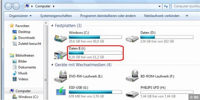 Der Windows Explorer zeigt hier die Zusammenfassung der beiden USB-Sticks unten („G:“ und „H:“) zum gemeinsamen Laufwerk „Daten II“ mit dem Buchstaben „J:“.