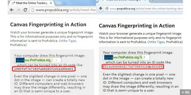 Gleicher PC, aber unterschiedliche Browser: Google Chrome (links) liefert für die gleiche eingebettete Canvas-Grafik eine völlig andere ID als der Firefox-Browser (rechts).