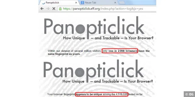 Der Test der Electronic Frontier Foundation zeigt den Unterschied: Während der Browser – und damit der PC – normalerweise eindeutig zu identifizieren ist (unten), sieht es mit der Chameleon-Erweiterung (oben) anders aus.