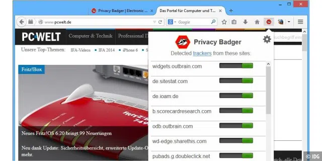 Alles im grünen Bereich: Die Browser-Erweiterung Privacy Badger kann auf PC-WELT.de keine gefährlichen Tracking-Aktivitäten erkennen.