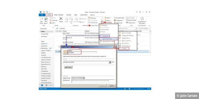 Benutzen Sie Outlook QuickSteps zur Automatisierung von E-Mail Aufgaben, wie das Verschieben von E-Mails aus einem bestimmten Projekt in einen Ordner.