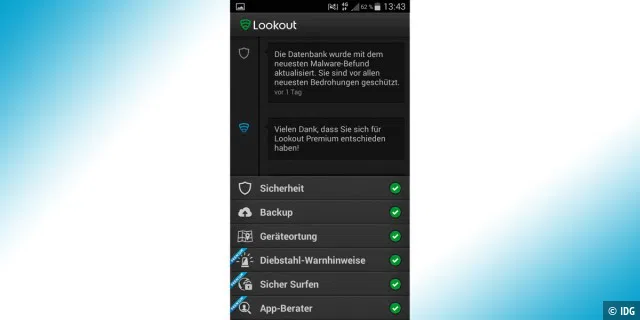 Die Sicherheits-App Lookout zeigt Ihnen auf der Startseite an, welche Funktionen eingeschaltet sind.