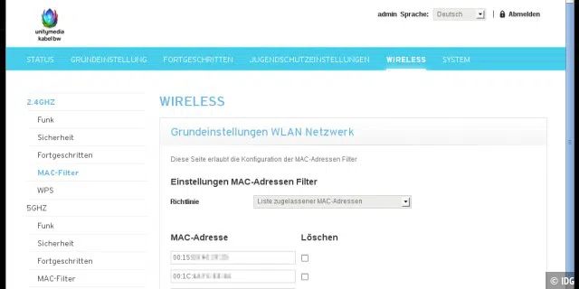 Eigentlich eine gute Idee, so ein MAC-Filter: Ins WLAN dürfen nur bestimmte Netzwerk-Geräte, die der Router an Ihrer eindeutigen MAC-Adresse erkennt.