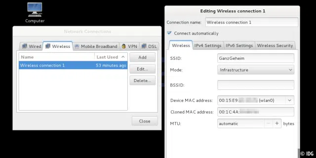 Die Sicherheit ist aber trügerisch: Die MAC-Adressen der erlaubten Geräte lassen sich von außen mitschneiden und ganz einfach fälschen, zumindest unter Linux.