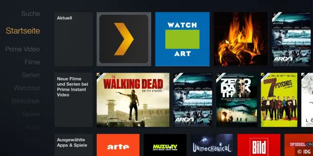 So sieht die Startoberfläche von Amazons Fire TV aus: Bei „Aktuell“ erscheinen die eigenen neuen Apps und Dienste, der gesamte Rest darunter.