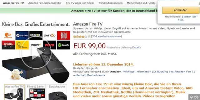 Amazon kann die Nachfrage der Settopbox Fire TV derzeit nicht befriedigen. Fast zwei Monate beträgt die Lieferzeit derzeit für deutsche Kunden.