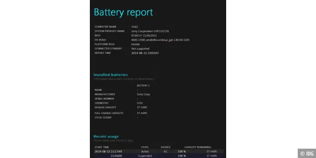 Unter Windows 8 gibt der Battery-Report schnell Auskunft über den Zustand des Akkus