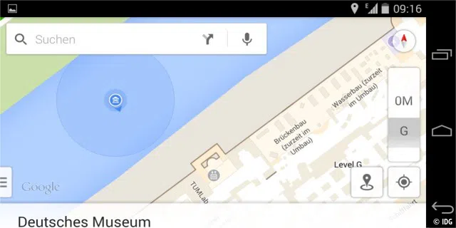„Im“ Deutschen Museum in München, die Positionierung von Google Indoor Maps platziert uns allerdings außerhalb des Gebäudes mitten in die Isar.