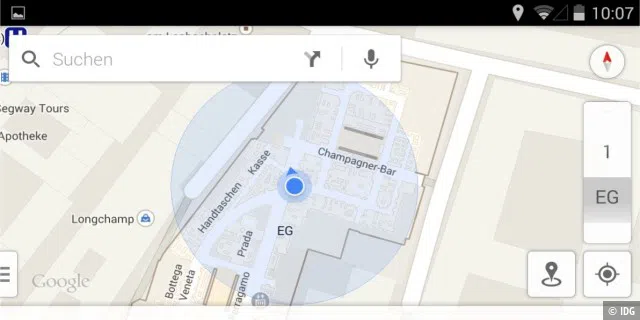 Ungenau: Die Positionsunschärfe von Google Indoor Maps ist häufig so groß, dass sie wie hier in einem Münchener Kaufhaus fast die gesamte Etage umfasst.