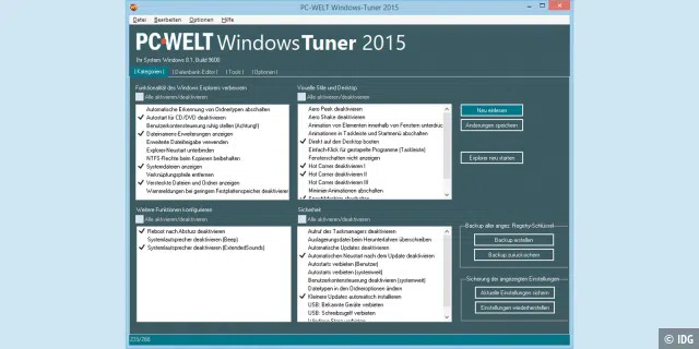 Windows-Einstellungen schnell ändern: PC-WELT Windows-Tuner 2015 zeigt die wichtigsten Einstellungen in frei konfigurierbaren Kategorien an.