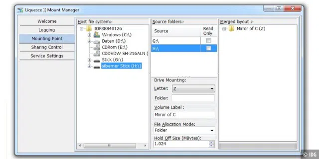 Das Programm Liquesce kann mehrere Datenträger zu einem Laufwerk und damit einem Laufwerksbuchstaben im Windows Explorer zusammenfassen.