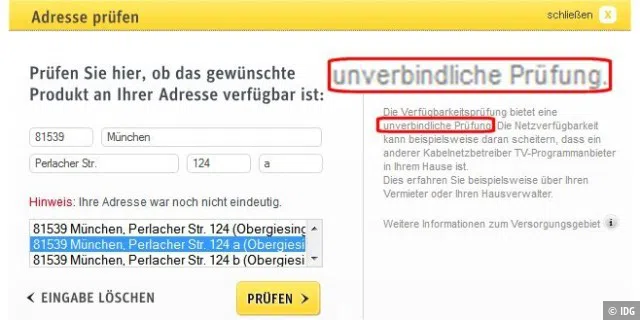 Sogar der Provider selbst, hier Kabel Deutschland, ist online nicht immer sofort in der Lage, eine verbindliche Verfügbarkeitsprüfung abzugeben.