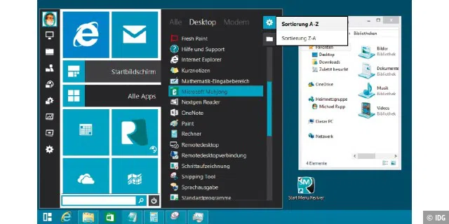 Startmenü mit App-Kacheln: Nach einem Klick auf den neuen Button ganz links auf der Taskleiste kann man in Start Menu Reviver für Windows 8.1 klassische Desktop-Programme und Apps aus dem Windows Store aufrufen.