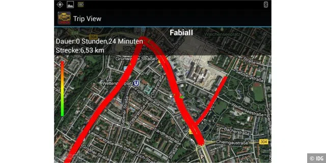 Testrunde in München: Torque Pro zeichnet über das GPS-Modul im Smartphone die Strecke genau auf und zeigt sie auf Google Maps.