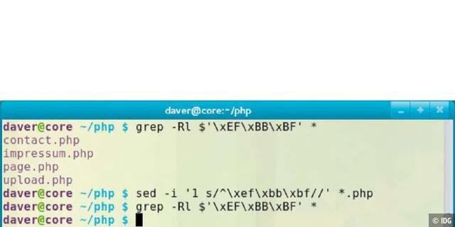 Byte-Order-Mark (BOM) entfernen: In der Shell können Sie mit grep Textdateien mit BOM finden und dann bei Bedarf mit sed in allen Dateien eines bestimmten Typs in einem Verzeichnis löschen.
