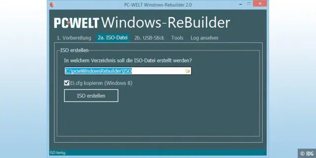 Installations-ISO: PC-WELT-Windows-Rebuilder erzeugt aus den Windows-Installa­tionsdateien ein ISO, das Sie auch für einen bootfähigen USB-Stick verwenden.