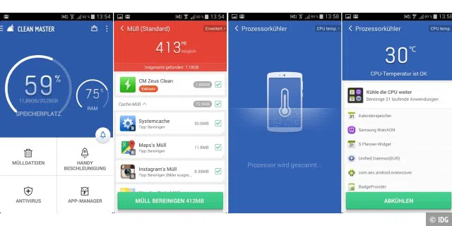 Die Android-App Clean Master räumt auf Ihrem Smartphone mit überflüssigem Datenmüll auf und beschleunigt das System, indem sie auch Platz im Arbeitsspeicher schafft.