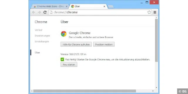 Google Chrome aktualisieren: Damit ein automatisch oder manuell heruntergeladenes Update aktiv werden kann, müssen Sie den Browser in der Regel neu starten.