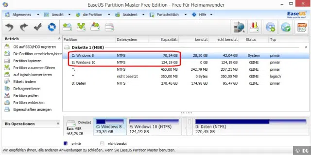 Nach dem Erstellen des neuen Festplattenbereichs mit Easeus Partition Master: Die neue Partition „Windows 10“ ist noch leer, also nicht mit Daten belegt.