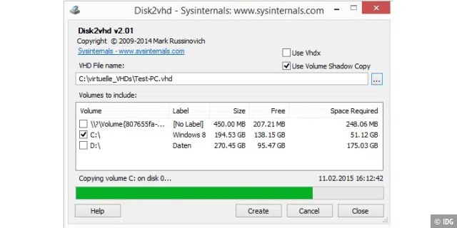 Das Programm Disk2vhd von Microsoft ist über die Schattenkopien in der Lage, das komplette laufende Windows-System in einer virtuellen Festplatte abzuspeichern.