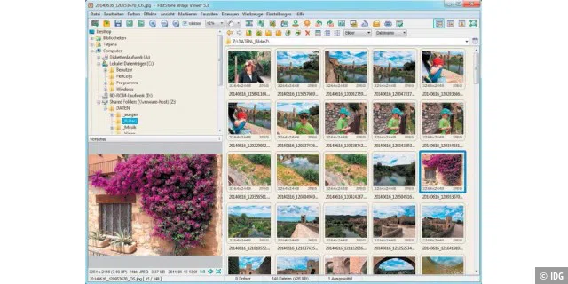Organisationstalent: Die Thumbnail-Vorschau in Faststone Image Viewer zeigt Miniaturen der im gewählten Ordner vorhandenen Bilddateien in einstellbarer Größe an.
