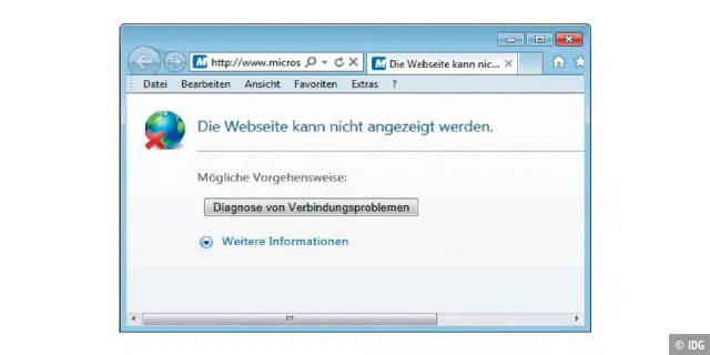 Nichts geht im Webbrowser: Diese Meldung zeigt der Internet Explorer übrigens auch dann an, wenn ein nicht vorhandener Proxy-Server in den „Internetoptionen“ festgelegt ist.