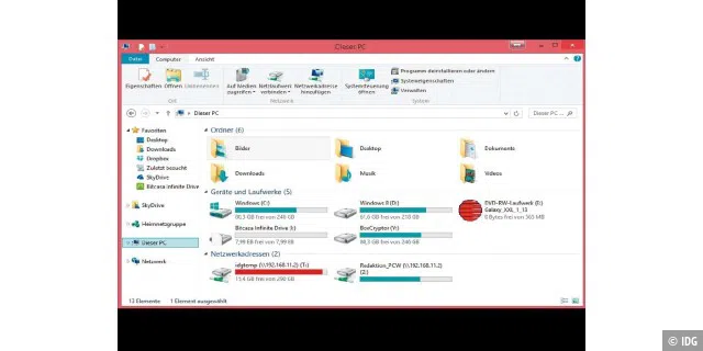 Mit der Schaltfläche „Dieser PC“ führt Microsoft einen praktischen Start-Bildschirm für den Windows-Explorer ein. Hier werden die Bibliotheken und die Laufwerke nebeneinander dargestellt.