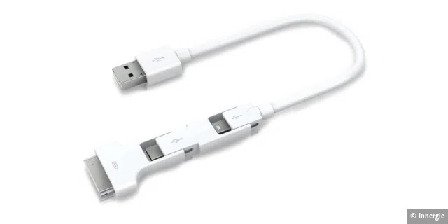 Das 3-in-1-USB-KAbel ist besonders pfiffig, vereint es doch Micro-USB, Mini-USB und den 30-Pin-Apple-Connector.