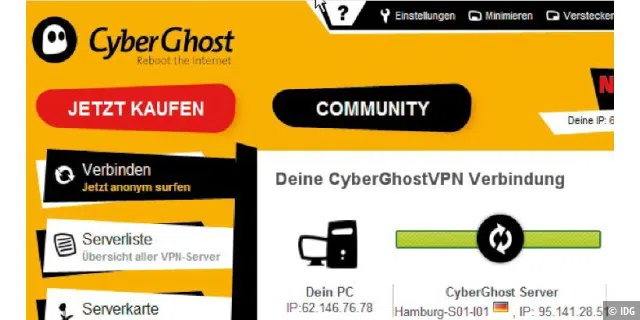 Mit Cyberghost VPN erzeugen Sie eine sichere Internetverbindung in einer unsicheren Umgebung – etwa in öffentlichen Hotspots. Der Dienst schleust Ihren gesamten Traffic verschlüsselt über die eigenen Server.