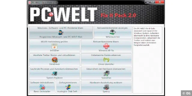 Das PC-WELT Fix it Pack 2.0 bietet schnell Zugriff auf oft benötigte Programme zur Systemwartung und Fehleranalyse Ihrer Windows-Installation.