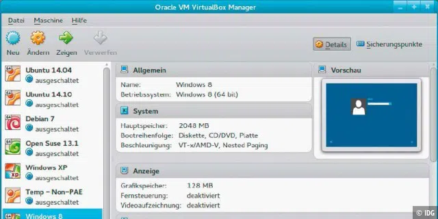 In der Virtualbox: Als Open-Source-Programm ist die Virtualbox von Oracle eine adäquate Lösung für Linux-Anwender, die andere Linux-Systeme oder Windows als VM brauchen.