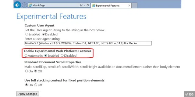 Der neue Spartan-Browser fehlt noch in der aktuellen Technical Preview von Windows 10, das EdgeHTML-Rendering lässt sich im Internet Explorer 11 aber schon einmal einschalten.
