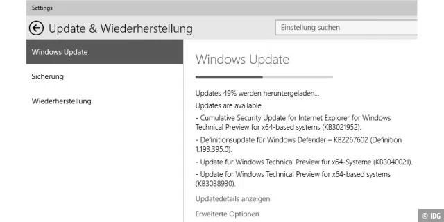 Windows Update in der Vorabversion