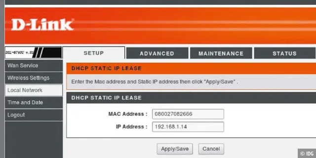 Permanente IP-Adresse: In den Router-Einstellungen, hier bei einem Modell von D-Link, können Sie anhand der MAC-Adresse der Netzwerkschnittstelle auch für VM-Gäste eine feste IP-Adresse vergeben.