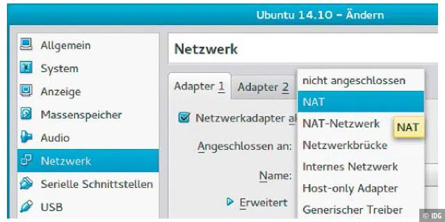 Gut vernetzt: Virtualbox lässt Gäste über eine Netzwerkbrücke auch direkt als eigenständigen Netzwerkteilnehmer ins LAN. Standard ist jedoch NAT (Network Address Translation).