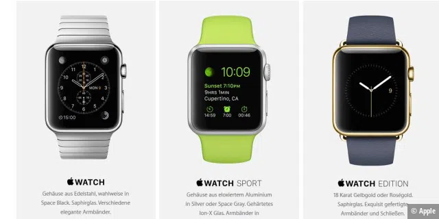 Die drei Ausführungen der Apple Watch. Ganz rechts die Gold-Version zu Preisen ab 10.000 Dollar.