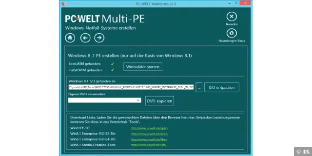 PC-WELT-MultiPE: Das PC-Welt-Tool enthält Download-Links zu den Windows-ISO-Dateien für die Installation und erleichtert den Umgang mit Winbuilder.