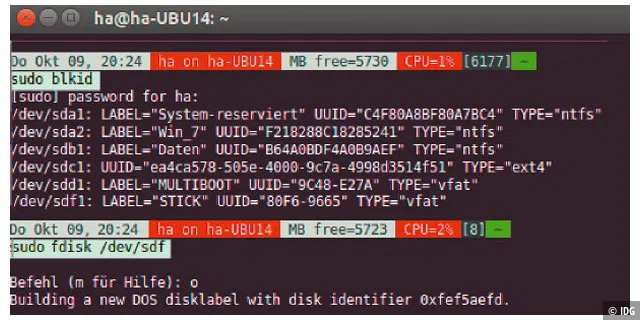 Stick mit fdisk vorbereiten: Es entsteht eine primäre Partition ohne Dateisystem, um die Luks-Formatierung zu ermöglichen.