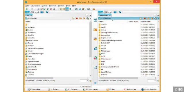 Alternativer Dateimanager: Freecommander zeigt Ordner in zwei Fenstern an. Das erleichtert Datei- und Ordner-Operationen wie Kopieren und Verschieben.