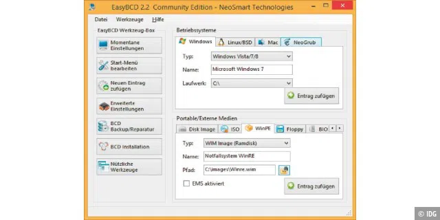 Bootmenü erweitern: EasyBCD zeigt Ihnen die aktuelle Konfiguration des Windows-Bootmenüs, und Sie können mit dem Tool eigene Einträge ergänzen.