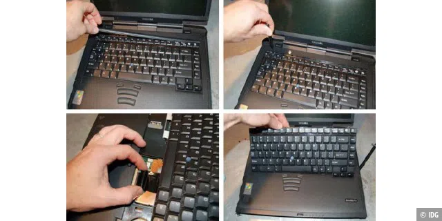 Tastatur wechseln: Tastaturen sind Verschleißteile, und viele Hersteller sehen einen unkomplizierten Austausch der gesamten Notebook-Tastatur vor. Diffizil ist immer das Einstecken des Flachbandkabels.