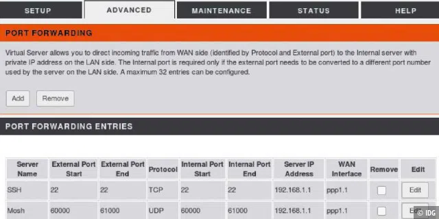 Port-Weiterleitung für Mosh auf einem Router: Neben SSH auf Port 22 müssen Sie auch UDP-Netzwerkverkehr auf den Ports 60000 bis 61000 an den Ziel-Server im lokalen Netzwerk weiterleiten.