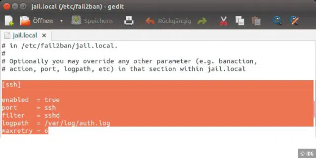 Die Parameter für fail2ban sind überschaubar: Der typische Codeblock für den Zugriff per SSH und dessen Überwachung ist hier im Editor gedit markiert.