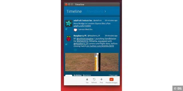 Friends App sucht noch Freunde: Die App von Ubuntu 14.04/14.10 soll Gwibber als Twitter-Client in dieser Distribution ablösen, bietet aber vorerst nur einen Bruchteil dessen Funktionen.