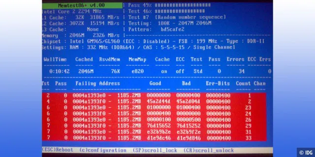 Memtest86+ in Aktion: Der Speichertest läuft unabhängig vom Betriebssystem von der bootfä­higen Plus-DVD und überprüft das RAM gründlich. Die roten Meldungen weisen auf Fehler hin.