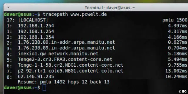 Paketablauf zu einem Ziel-Host verfolgen: Das Kommandozeilenwerkzeug tracepath zeigt neben den durchlaufenen Hops (Zwischenstationen) auch die MTU-Größen (pmtu) der Netzwerkpakete an.