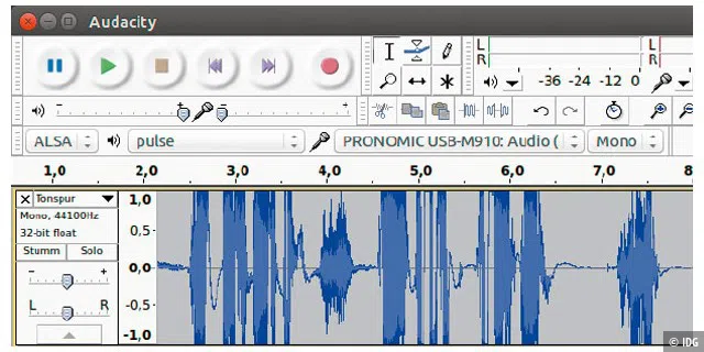 Die Tonspur zeigt den Verlauf der Aufnahme. Sie ist auch wichtig, wenn Sie aus einzelnen Takes einen Podcast zusammenschneiden wollen.