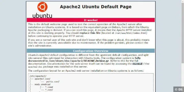 Apache läuft: Haben Sie den Webserver vollständig eingerichtet und den HTTP-Endpunkt konfiguriert, ist die Testwebseite sofort verfügbar.