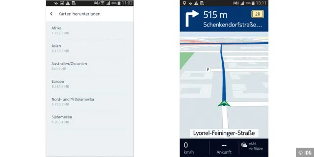 Nokia HERE Maps bietet sein gesamtes Kartenmaterial zum Download an, damit Sie auch im Ausland offline navigieren können. Die Navi-App kommt einer echten Navi-Software sehr nah.